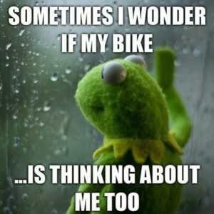 Kermit looking out through a rainy window with caption: "Sometimes I wonder if my bike is thinking about me too"